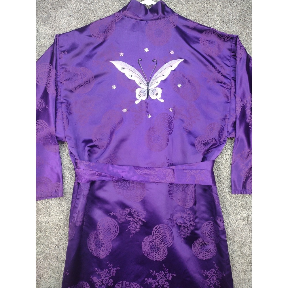 Vintage Japanese Belted Kimono Silky Dark Purple W Huge Butterfly Robe MCM 70's - Picture 1 of 16